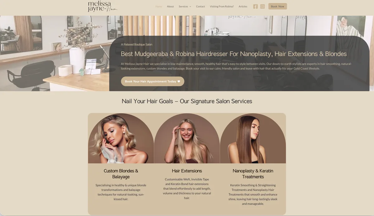 Melissa Jayne Hair salon website — from page 3 to #1 on Google, designed by Samoey Digital